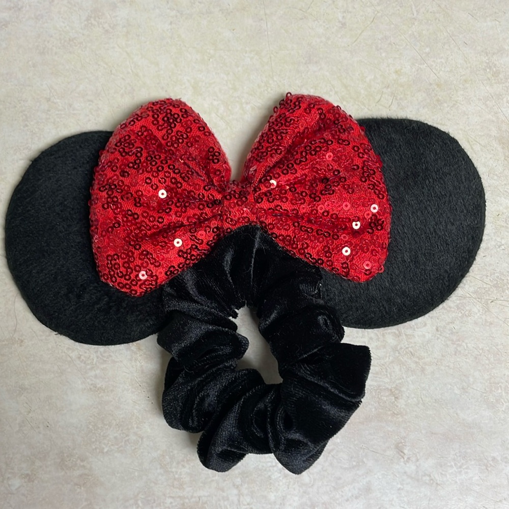 Minnie Mouse Ears Hair Tie Black Velvet Scrunchy with Sequined Red Bow